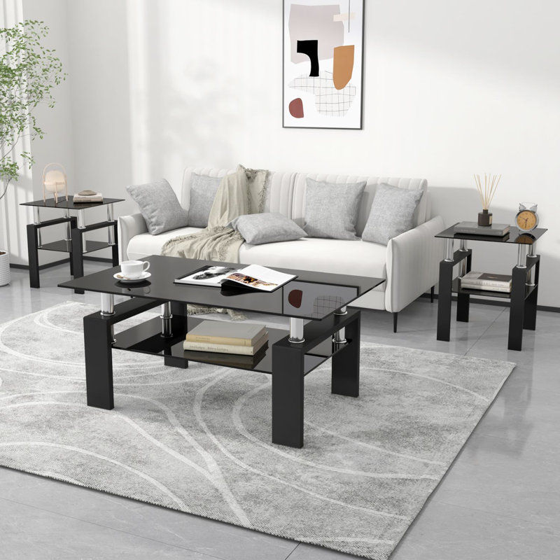 Jamont 3 Piece Living Room Table Set Ivy Bronx Table Base Color Black Table Top Color Black